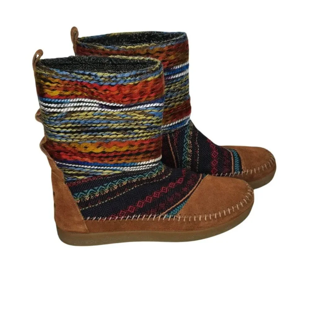 TOMS Women 6.5 Brown Suede Tribal Aztec Woven Faux Fur Mid Calf Boots